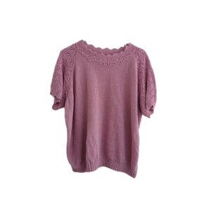 Vintage Mauve Knit Top Short Sleeve Scalloped Neck Pointelle Lace XL Cottegecore
